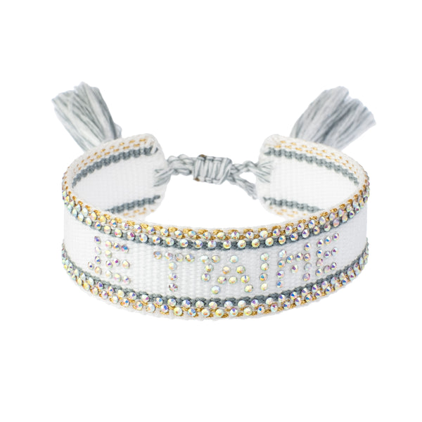 WOVEN FRIENDSHIP BRACELET W/CRYSTALS "JE T`AIME" WHITE W/TEAL