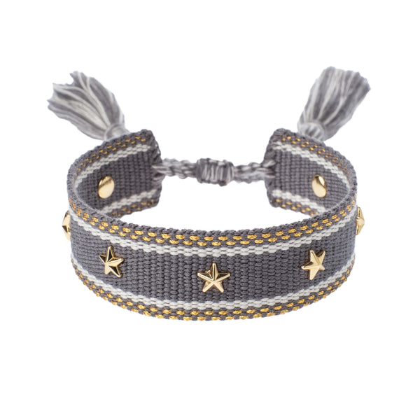 WOVEN FRIENDSHIP BRACELET W/STAR STUDS GREY W/GOLD