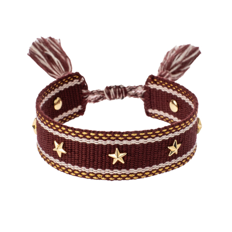 WOVEN FRIENDSHIP BRACELET W/STAR STUDS MAROON W/GOLD