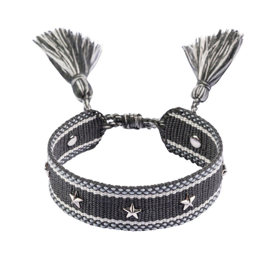 WOVEN FRIENDSHIP BRACELET W/STAR STUDS DARK GREY W/SILVER – DARK